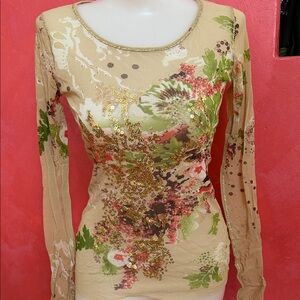 Elegant Sequin Sheer Floral Long Sleeve Blouse Made in Italy